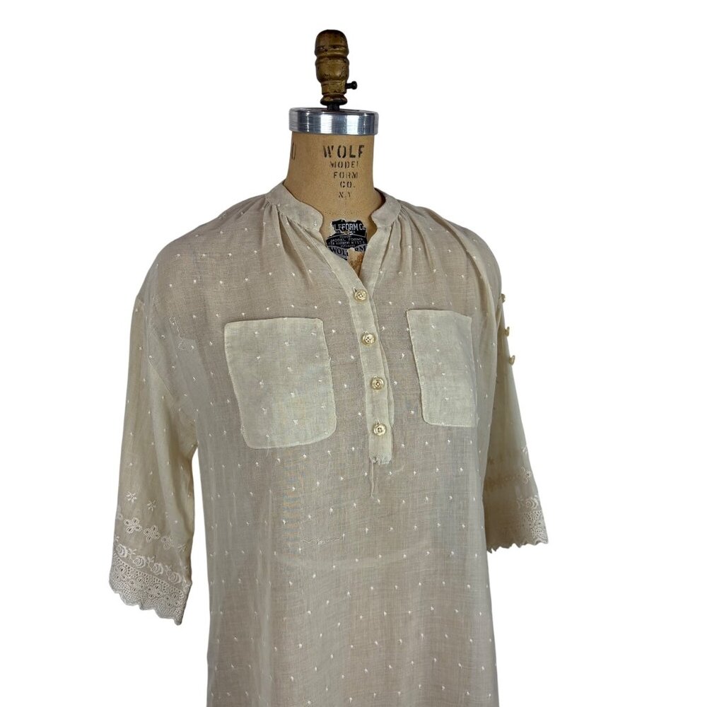 Vintage 70s Sheer Shirt Womens Large Beige Dotted Embroidered Mandarin Tunic - Picture 5 of 11